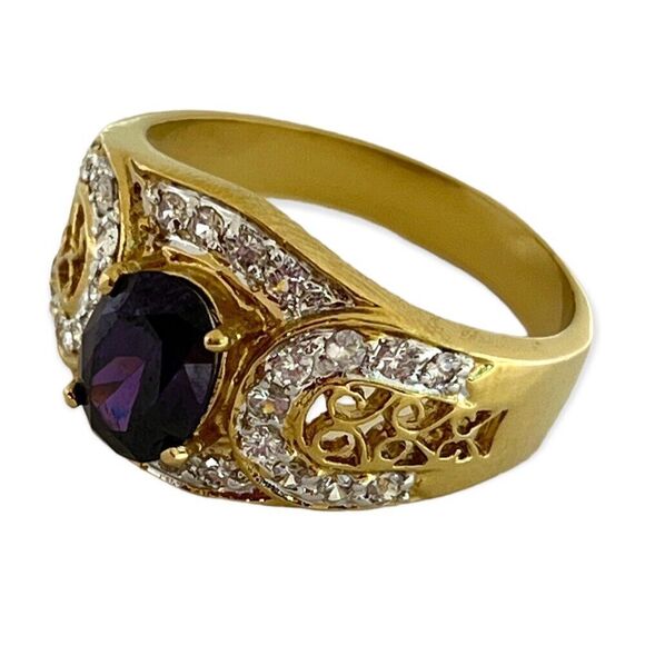 Vintage Ring Size 6 Purple & Clear Cubic Zirconia 18K Gold Plate Mid-Century 14J - Picture 7 of 9
